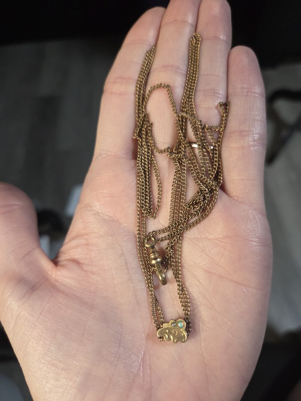 BSF Co Victorian Gold Pocket Watch Chain Slider Necklace 24" Opal Pearl Antique